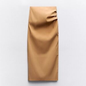 Zara Camel Midi Pencil Skirt with Side Pleat